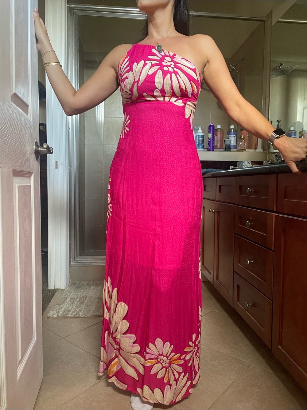 Garage Pink One-Shoulder Silky Floral Maxi Dress - from Brazil 🇧🇷